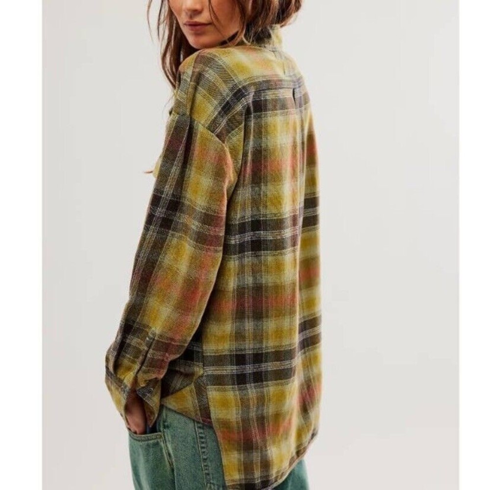Free People We The Free Izzie Cargo Shirt Size XS Olive Combo Plaid Flannel